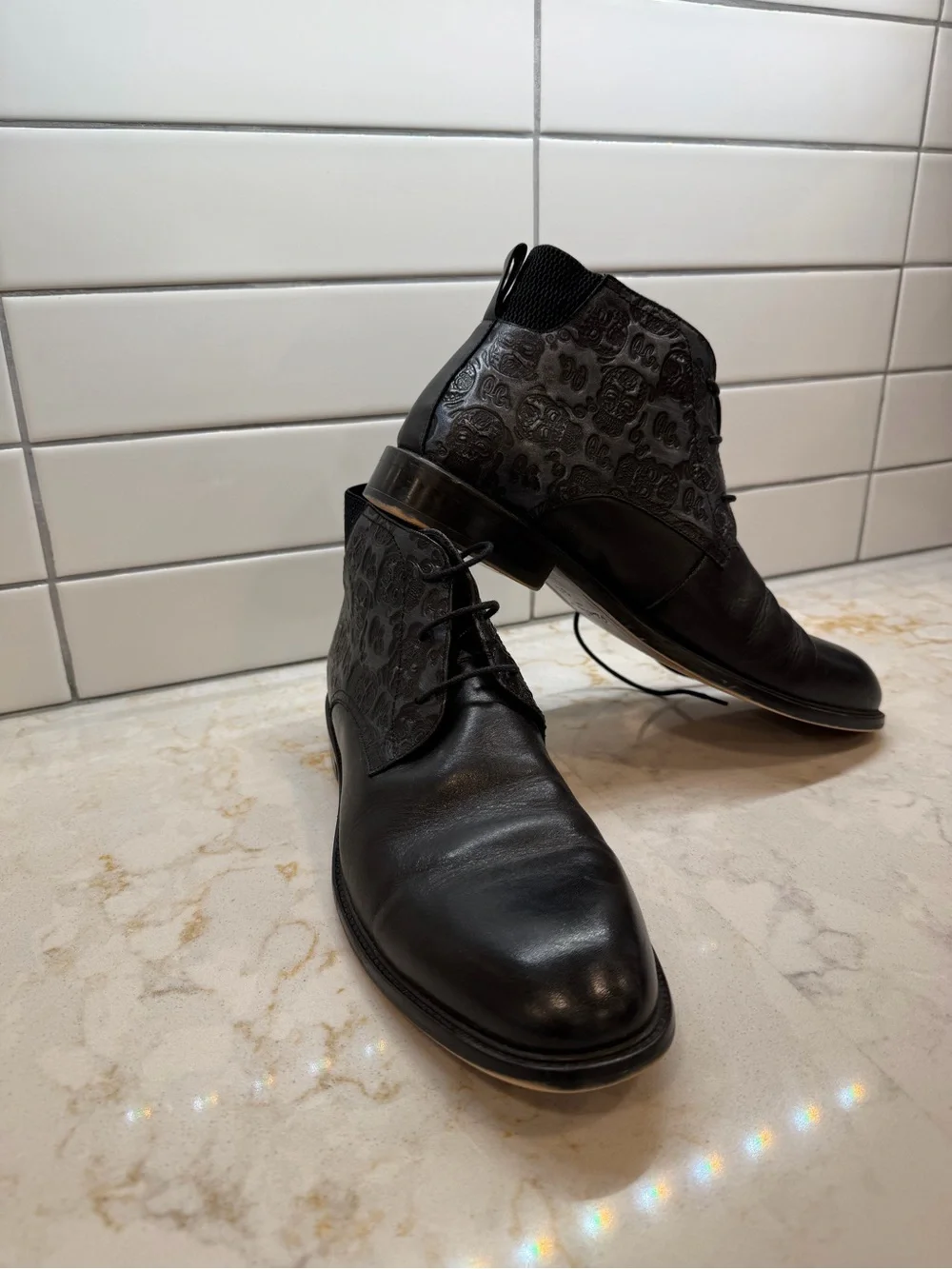 Robert Graham Black Embossed Leather Chukka Boots with Skull Motif
